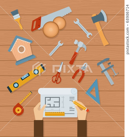 Collection of woodworking tools vector illustration in a flat design. Collection of woodworking tools vector illustration in a flat design. 68986714