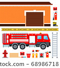 Set of firefighters truck, fireman outfit and garage vector illustration in a flat design. 68986718