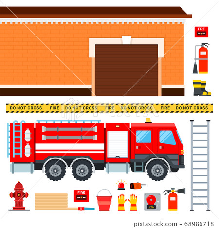 Set of firefighters truck, fireman outfit and garage vector illustration in a flat design. Set of firefighters truck, fireman outfit and garage vector illustration in a flat design. 68986718