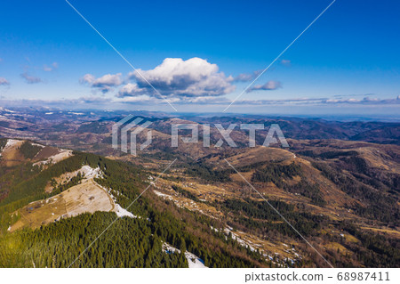 Morning in the mountains. Carpathian Ukraine, Aerial view. 68987411