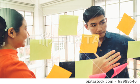 Business people work on project planning board Business people work on project planning board 68989546