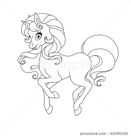 Pretty unicorn with curly mane and tail. Coloring page vector illustration. Pretty unicorn with curly mane and tail. Coloring page vector illustration. 68990206