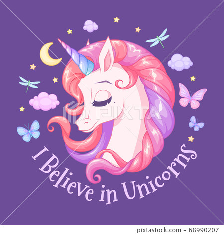 Cute sleeping unicorn with night sky. Isolated vector illustration. 68990207