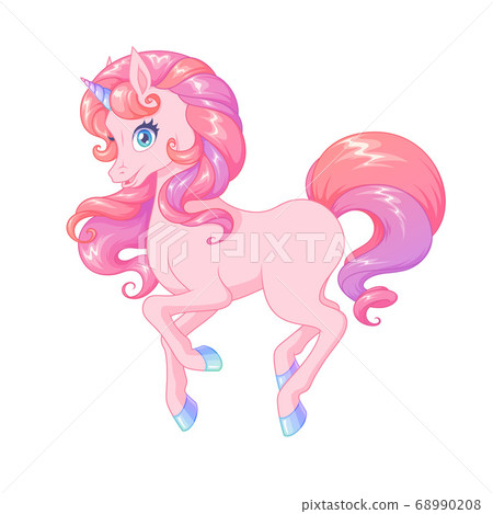 Beautiful unicorn with pink curly mane. Vector illustration. Beautiful unicorn with pink curly mane. Vector illustration. 68990208