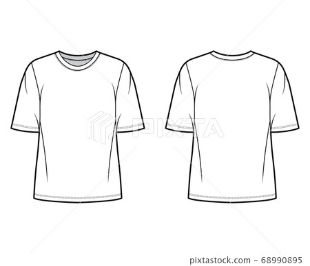 Cotton-jersey t-shirt technical fashion illustration with crew neckline, elbow sleeves, oversized, tunic length. Flat 68990895