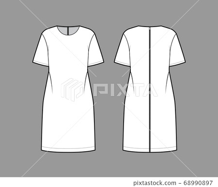 Back zip-up oversized dress technical fashion illustration with round neck, elbow sleeves, below-the-knee length. 68990897
