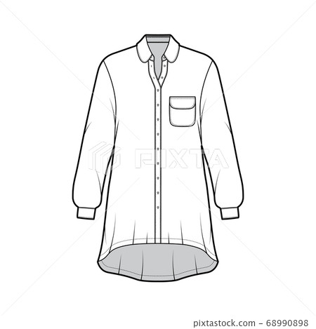 Oversized shirt dress technical fashion illustration with rounded pocket and collar, long sleeves, high-low hem Oversized shirt dress technical fashion illustration with rounded pocket and collar, long sleeves, high-low hem 68990898