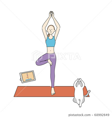 Woman and cat standing online pose for yoga lesson 68992649