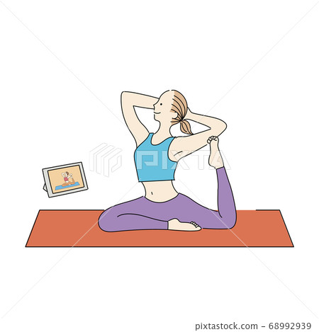 Woman taking yoga lessons online Dove pose - Stock Illustration