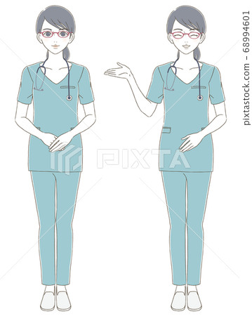 Medical/doctor hand-drawn style full body illustration set of a female doctor wearing blue scrubs and wearing glasses 68994601