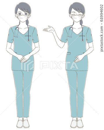 Medical/doctor hand-drawn style full body illustration set of a female doctor wearing a blue scrub and wearing a mask 68994602
