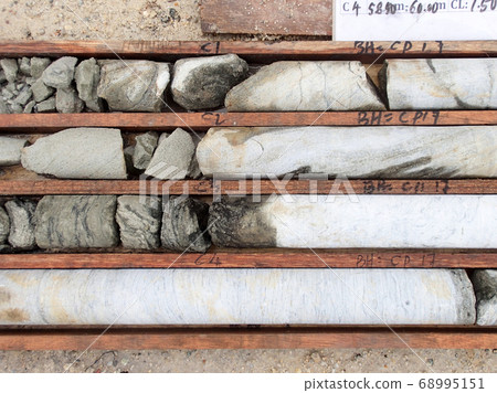 Soil test sample is recorded by category on construction site before sent to the laboratory. 68995151