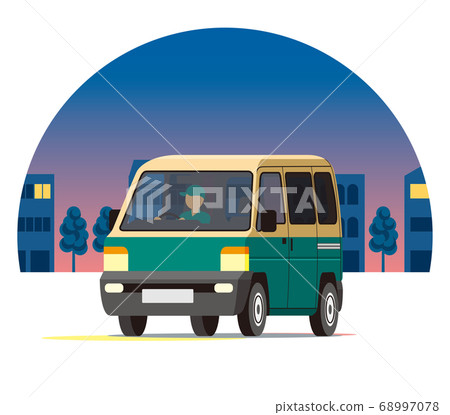 Courier light wagon, one box, courier wagon, transportation, delivery, transportation that runs in the city at night Courier light wagon, one box, courier wagon, transportation, delivery, transportation that runs in the city at night 68997078