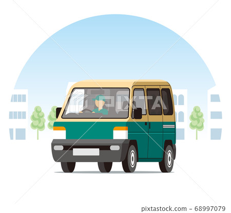 輕型快遞員,一個箱子,快遞車,運輸,交付,在城市中運行的快遞員的運輸 輕型快遞員,一個箱子,快遞車,運輸,交付,在城市中運行的快遞員的運輸 68997079