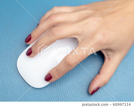 White mouse in the hand of the girl on a blue 68997114