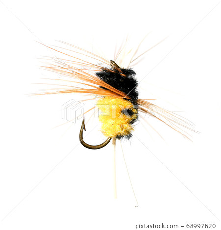 Feathers on a hook for fishing on a white Feathers on a hook for fishing on a white 68997620