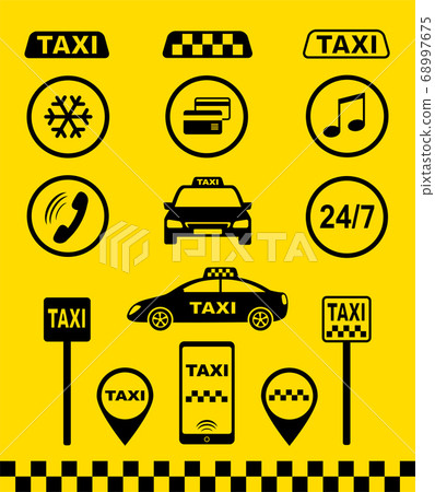 set of taxi icons on yellow background set of taxi icons on yellow background 68997675