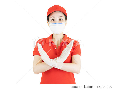 Asian Delivery woman in red uniform isolated on white background.Courier in protective mask and medical gloves,concept delivers takeaway food service under quarantine Asian Delivery woman in red uniform isolated on white background.Courier in protective mask and medical gloves,concept delivers takeaway food service under quarantine 68999000