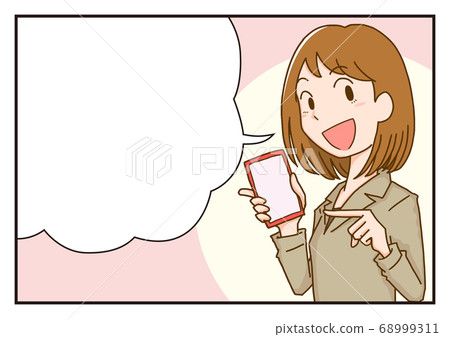 Illustration of a speech bubble frame of a woman holding a smartphone and explaining Illustration of a speech bubble frame of a woman holding a smartphone and explaining 68999311