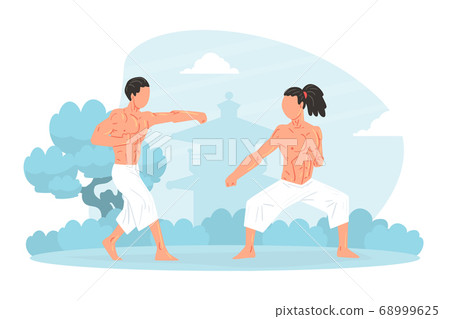 Two Strong Muscular Asian Men Martial Art Fighters Training Outdoors Cartoon Vector Illustration Two Strong Muscular Asian Men Martial Art Fighters Training Outdoors Cartoon Vector Illustration 68999625