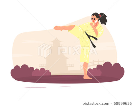 Asian Man Martial Art Fighter Character Wearing Kimono Performing High Kick Outdoors Cartoon Vector Illustration 68999636