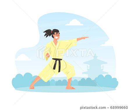 Martial Art Fighter, Asian Man Wearing Kimono Training Outdoors Cartoon Vector Illustration 68999660