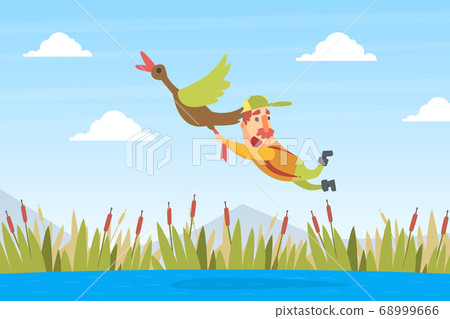 Funny Man Hunter Character Flying with Duck... - Stock Illustration  [68999666] - PIXTA