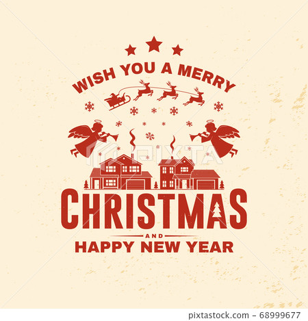 Merry Christmas and Happy New Year stamp, sticker set with angels, santa claus in sleigh with deer and christmas gifts. Vector Vintage typography design for xmas, new year emblem in retro style 68999677
