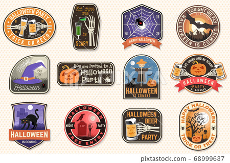 Halloween patches. Halloween retro badge, pin Sticker for logo, print, seal, stamp, patch. Scarecrow with raven, pumpkin, skeleton hand, cemetery, glass of magic beer. Typography design- stock vector 68999687