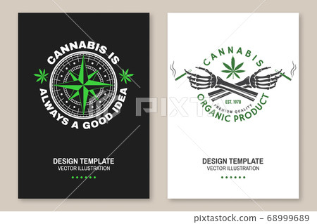 Medical cannabis poster, flyer, template with cannabis leaf, skeleton hand. Vector Typography logo design with cannabis leaf, wind rose silhouette For weed shop, cannabis, marijuana delivery service 68999689