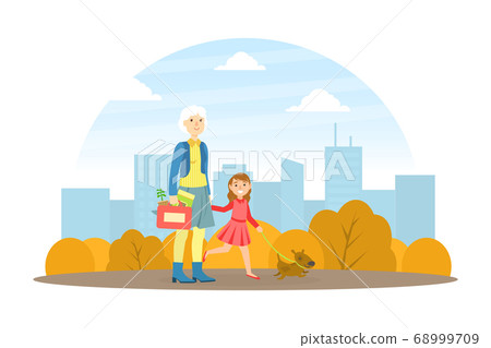 Girl and her granny on a walk - clipart vector illustration