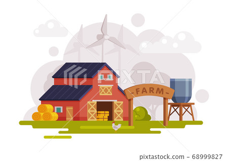 Farm Scene with Red Barn House, Wind Turbine... - Stock Illustration ...