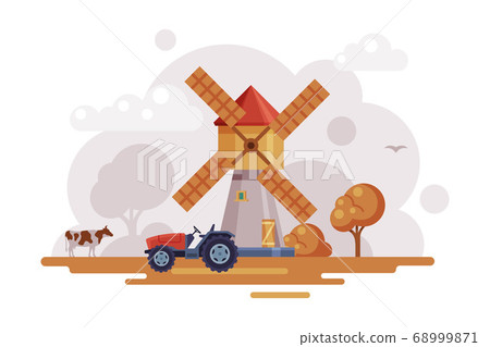 Farm Scene with Vintage Windmill and Tractor at Autumn Rural Landscape, Agriculture and Farming Concept Cartoon Vector Illustration Farm Scene with Vintage Windmill and Tractor at Autumn Rural Landscape, Agriculture and Farming Concept Cartoon Vector Illustration 68999871