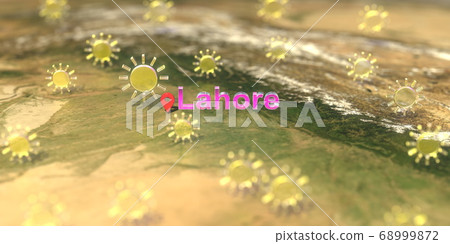 Sunny weather icons near Lahore city on the map, weather forecast related 3D rendering Sunny weather icons near Lahore city on the map, weather forecast related 3D rendering 68999872