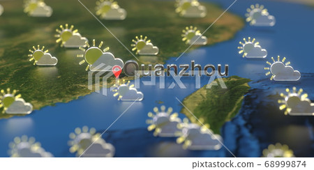 Partly cloudy weather icons near Quanzhou city on the map, weather forecast related 3D rendering Partly cloudy weather icons near Quanzhou city on the map, weather forecast related 3D rendering 68999874