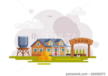 Farm Scene with Country House, Agriculture and Farming Concept Cartoon Vector Illustration 68999875