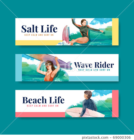 Banner template with surfboards at beach design - Stock Illustration ...