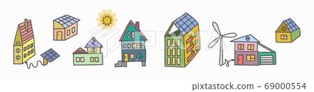 A set of houses and buildings Eco home concept, solar energy, wind energy.  69000554