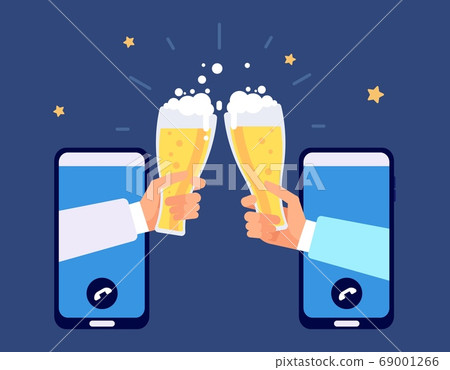 Online beer party. Internet friendship, friends drinking by smartphone. Phone party, e-bar Oktoberfest distance festival vector illustration 69001266