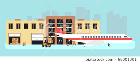 Delivery by plane. Cargo aircraft, loading for transportation. Stock or airport warehouse, air logistic vector illustration Delivery by plane. Cargo aircraft, loading for transportation. Stock or airport warehouse, air logistic vector illustration 69001301