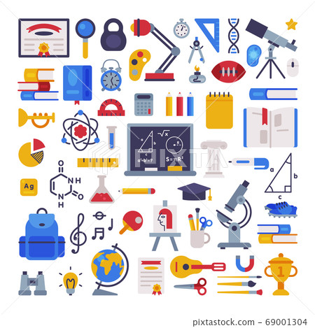 School Supplies Collection, Education, Learning, Office Accessories, Back to School Concept Flat Style Vector Illustration 69001304