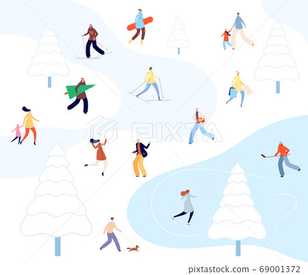 People walking winter park. Cartoon couples activity, person skiing on nature. Snow walk, urban family skating on ice vector illustration People walking winter park. Cartoon couples activity, person skiing on nature. Snow walk, urban family skating on ice vector illustration 69001372
