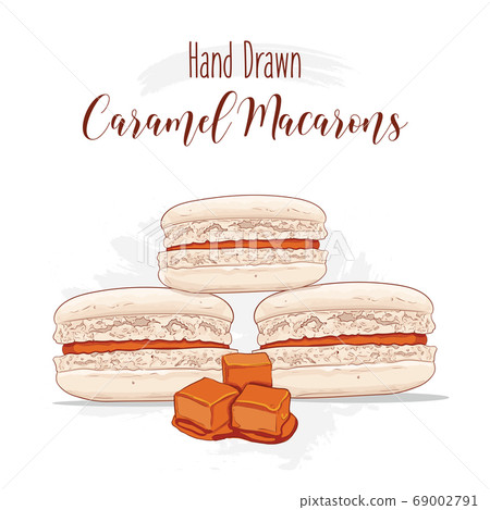 Hand drawn colorful french Macarons with Caramel flavor 69002791
