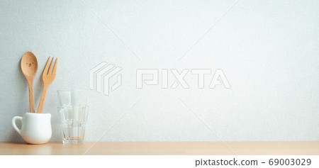 kitchenware decoration on wooden shelf with copy 69003029