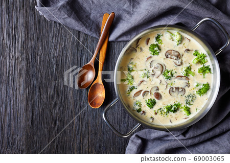 Mushroom Cheese Broccoli Soup in a pot 69003065