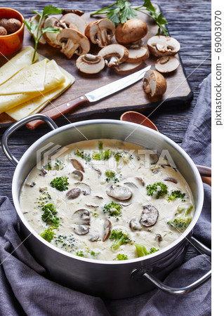 Mushroom Cheese Broccoli Soup in a pot Mushroom Cheese Broccoli Soup in a pot 69003070