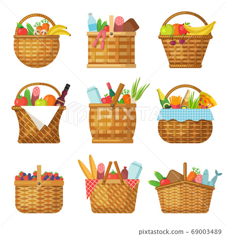 Basket with products. Handcraft picnic hamper with various food vegetables fruits vector baskets 69003489