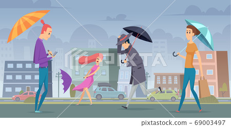 Rain in city. People walking with umbrella in urban landscape vector background seasonal concept Rain in city. People walking with umbrella in urban landscape vector background seasonal concept 69003497