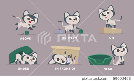 Prepositions. Cat playing with box learning english prepositions on under above near behind preschool grammar vector animal Prepositions. Cat playing with box learning english prepositions on under above near behind preschool grammar vector animal 69003498