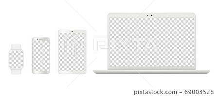 Device mockups. Realistic white laptop, smartphone tables and smart clock. Isolated modern gadgets with transparent screens vector illustration Device mockups. Realistic white laptop, smartphone tables and smart clock. Isolated modern gadgets with transparent screens vector illustration 69003528